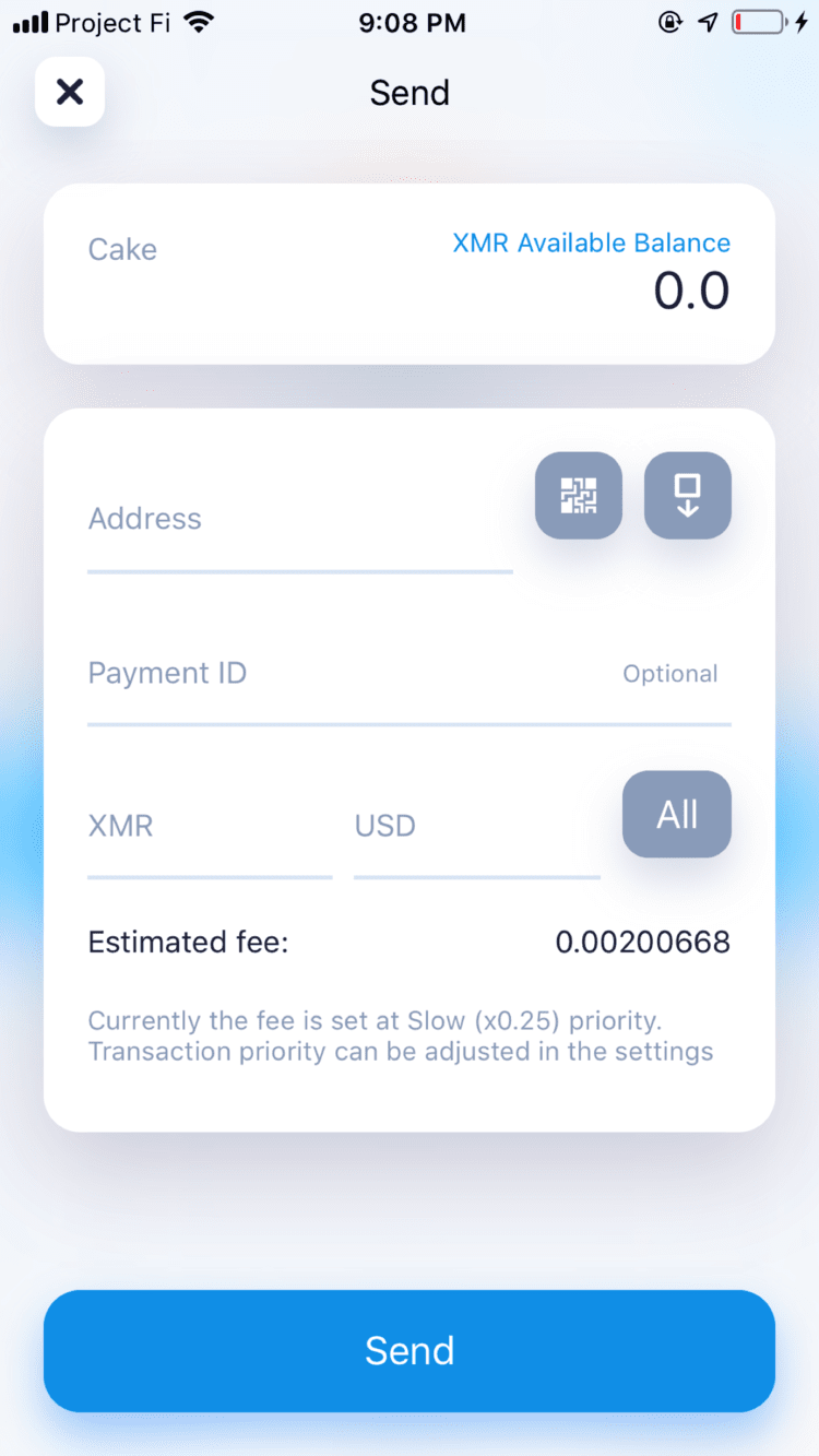 Cakewallet Send Transaction Screen